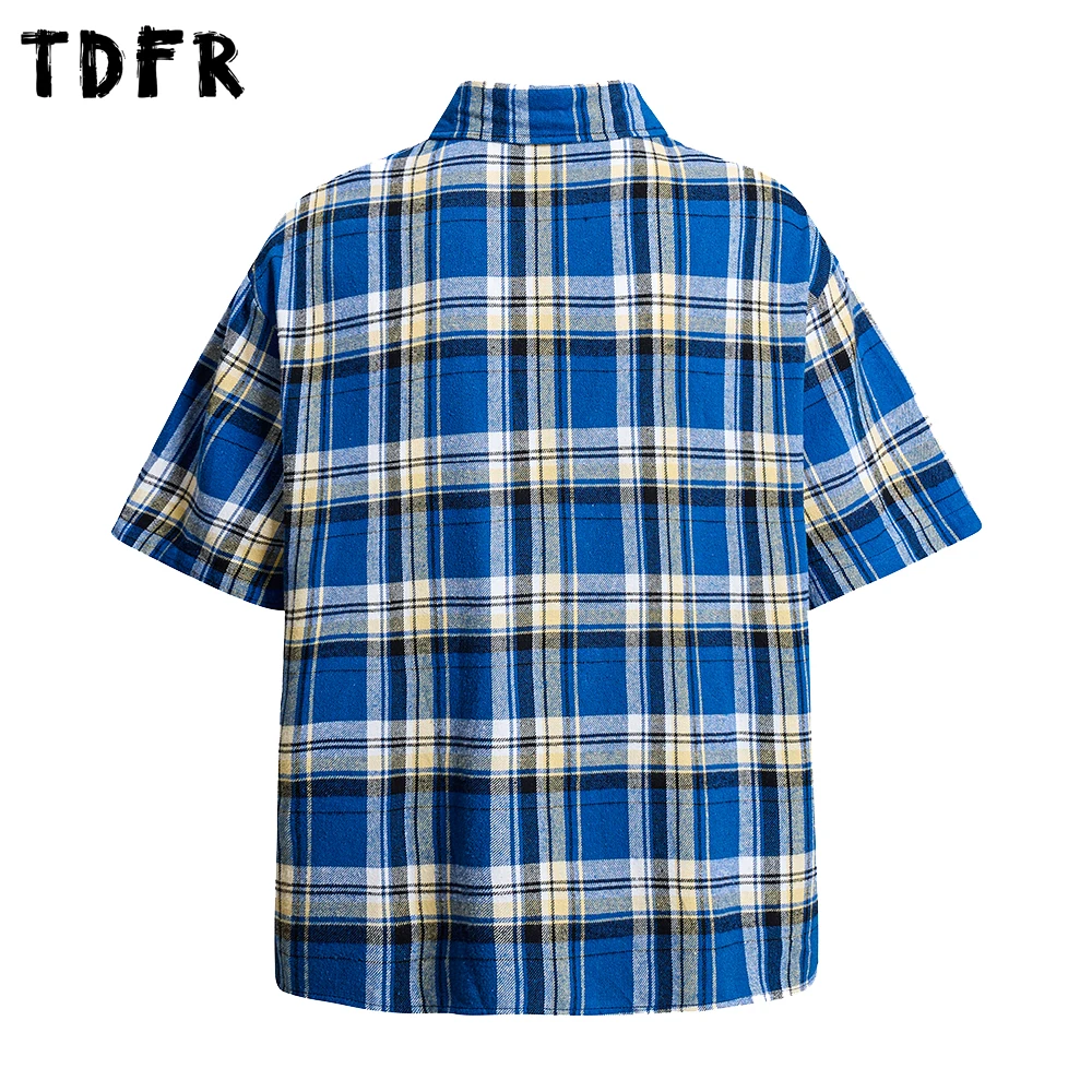 Pocket Embroidery Short Sleeve Checked Shirt Mens Summer Retro Casual Loose Single Breasted Lapel Half-Sleeve Cotton Shirts Man