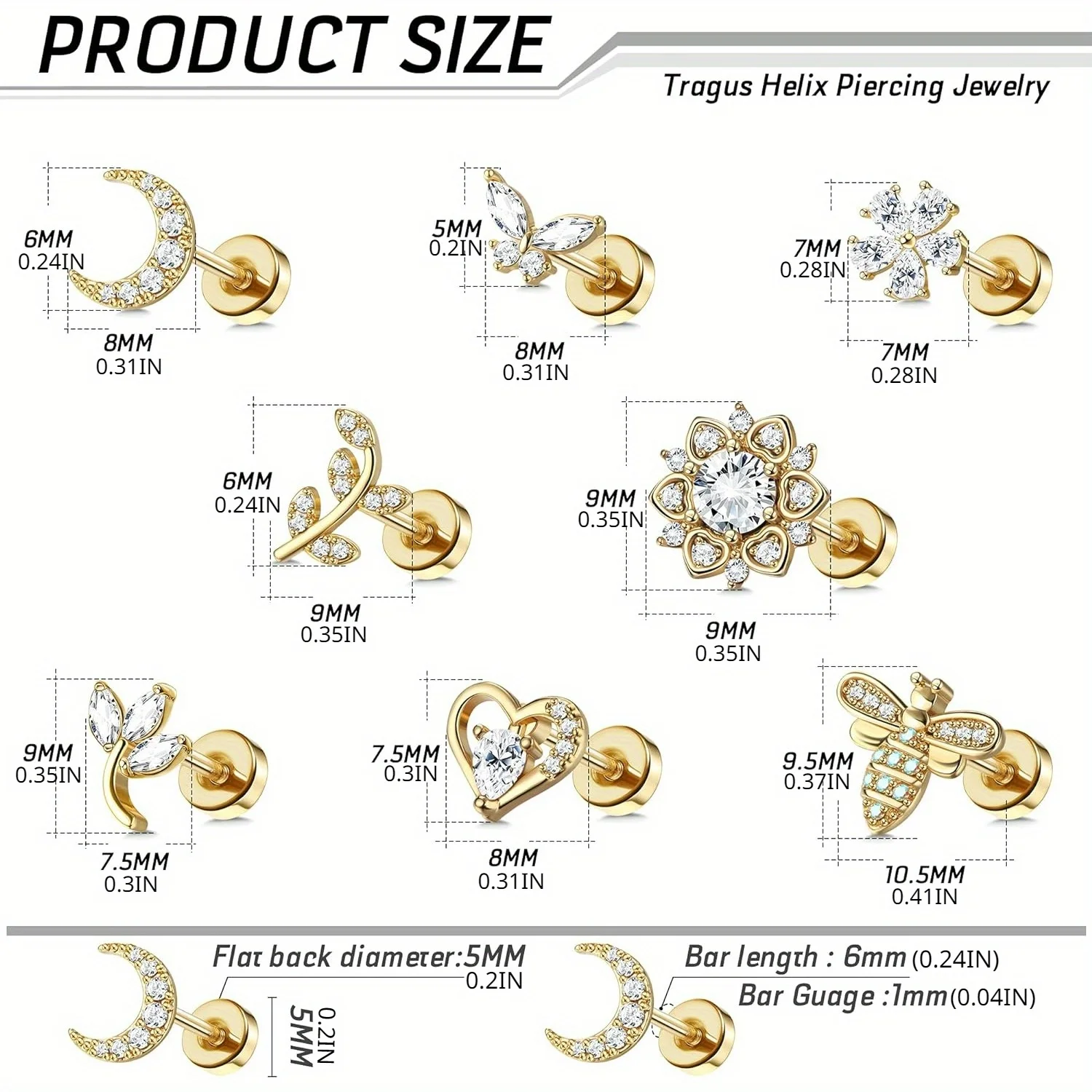 Drperfect 1 buah anting tulang rawan baja tahan karat anting punggung datar anting berulir dalam dengan bulan kupu-kupu berbentuk hati