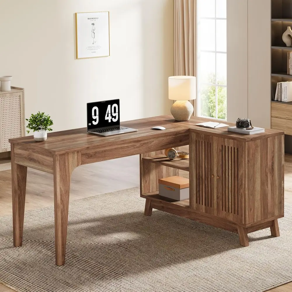 

Угловой стол L-образной формы с тумбой для хранения, 57-дюймовая деревянная рабочая станция, компьютерный стол для домашнего офиса, письменный стол для спальни, W