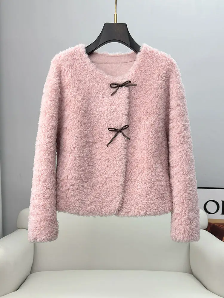 100 piezas de lana, piel de cordero, piel de oveja y piel abrigo de piel integrado para mujer, cuello corto y redondo, nuevo estilo para el invierno 2025