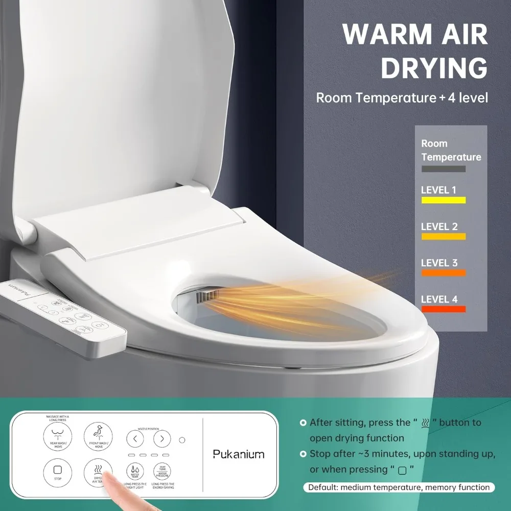 Toilet Seat Elongated, Electric Smart Heated Seat with Air Dryer & Instant Warm Water, 4-Temp Adjustable Feminine Rear/Mov