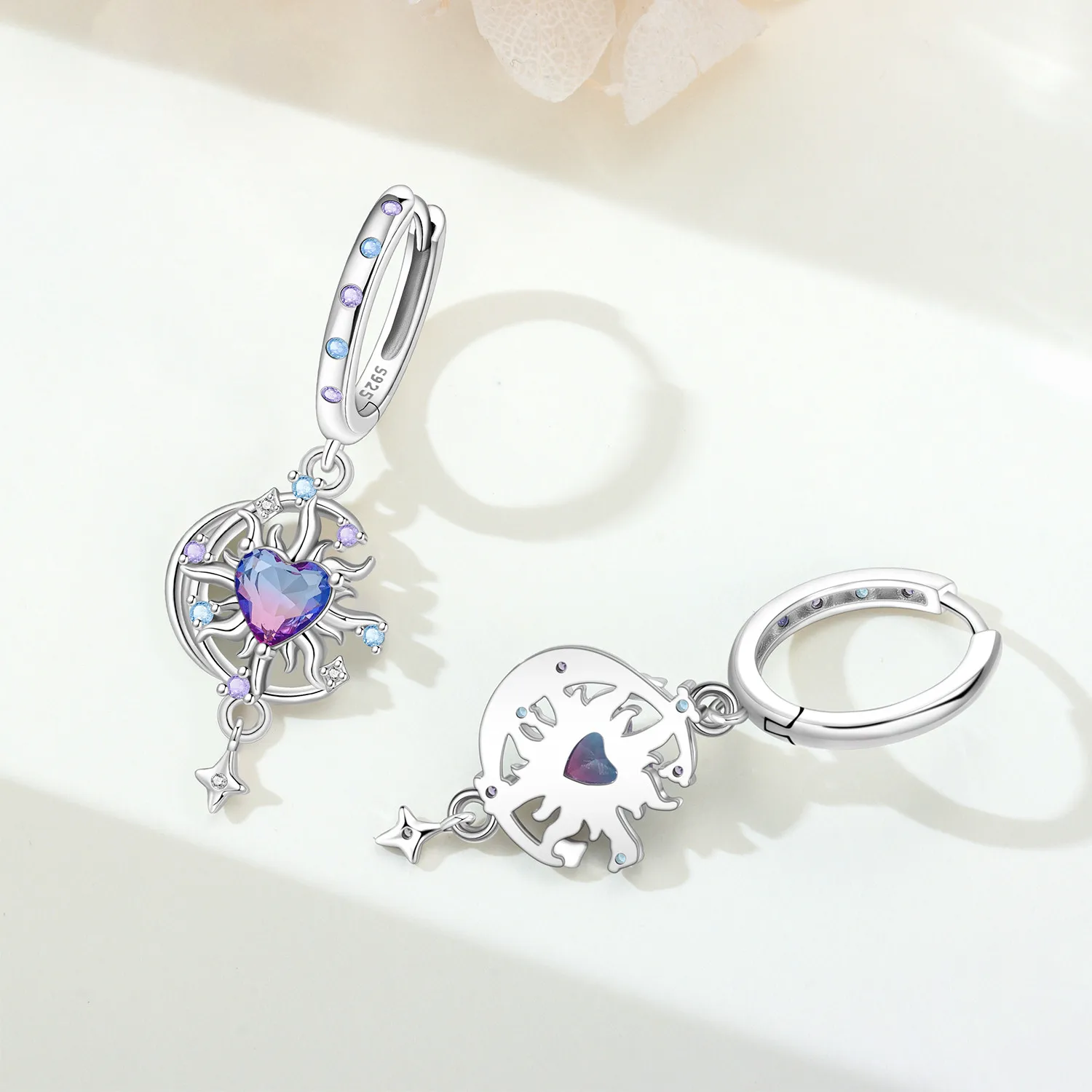 Original 925 Sterling Silber Ohrring, Exquisiter Lila Herzförmiger Ohrring für Frauen, Tägliches Schmuckgeschenk zum Geburtstag oder Valentinstag – Detail 2