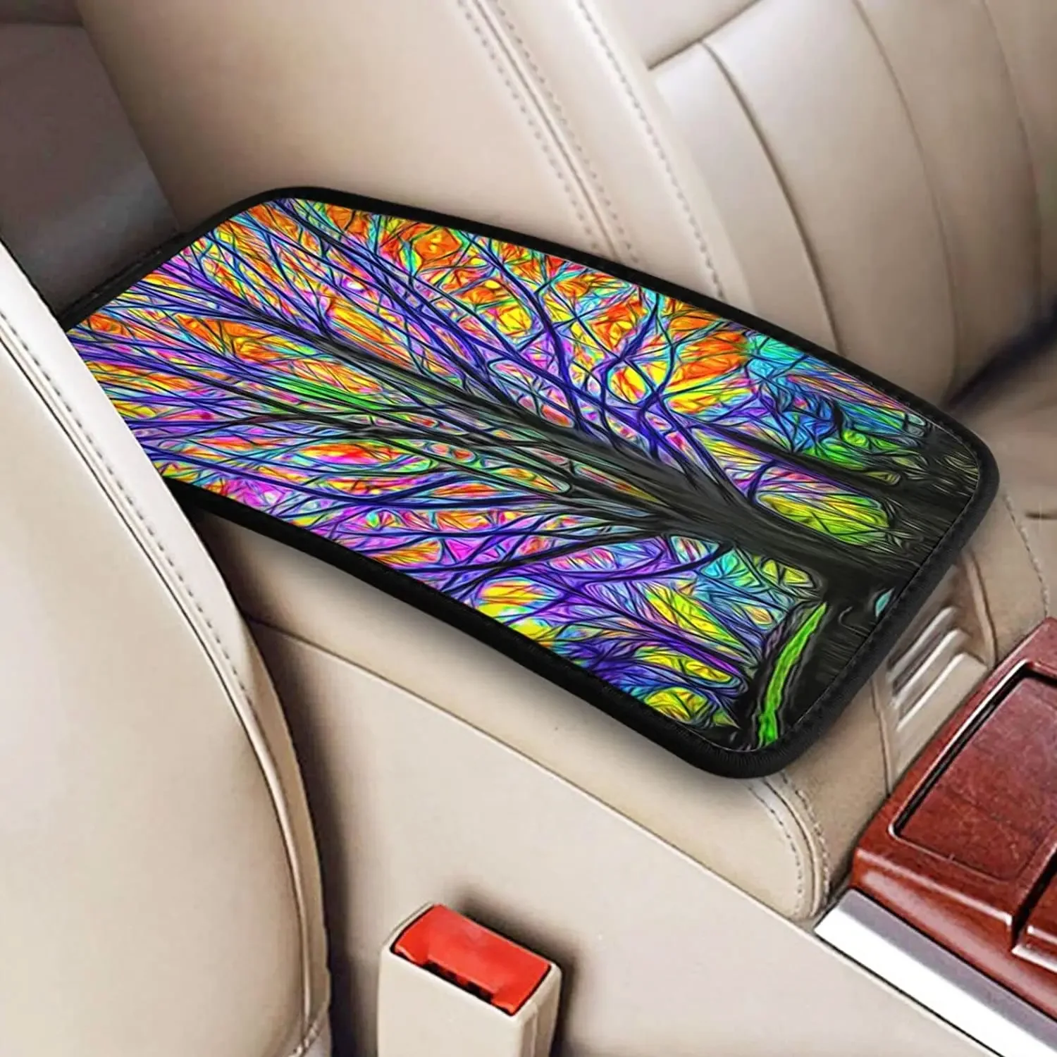 Auto Center Console Armrest Cover Pad, Tree of Life Colorful Tree Universal Fit Car Armrest Cover Cushion Mat for Most