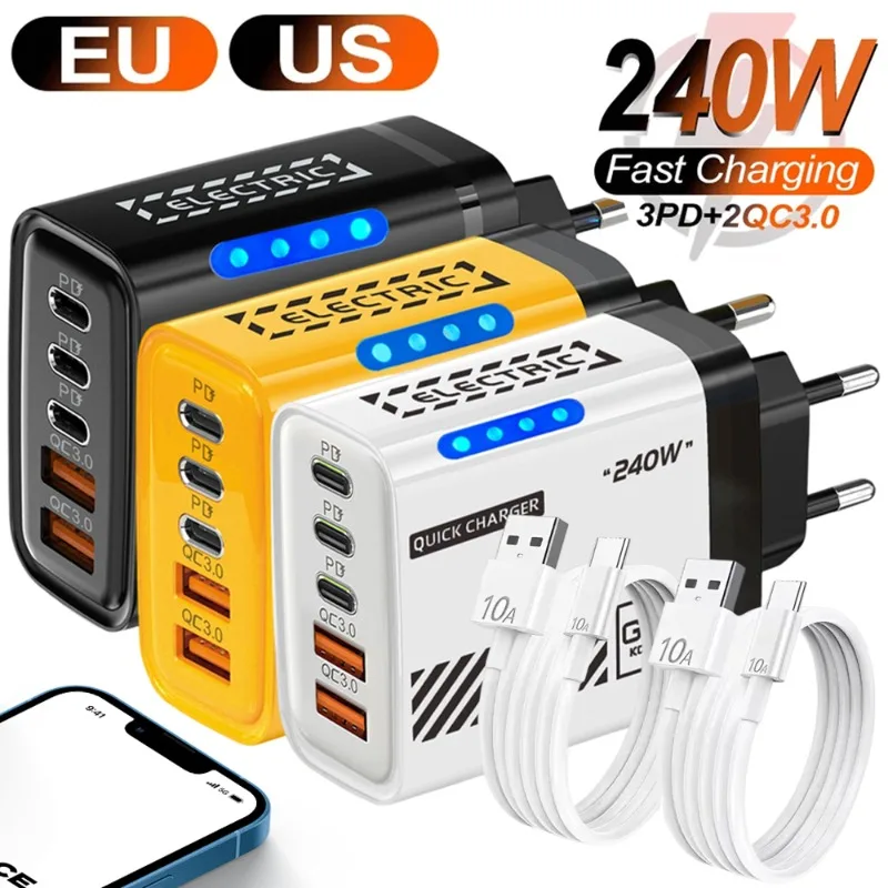 240W Fast Charger 5 Ports USB PD Quick Charging Wall Charger Adapter with Display Light EU/US Plug for iPhone Samsung Xiaomi