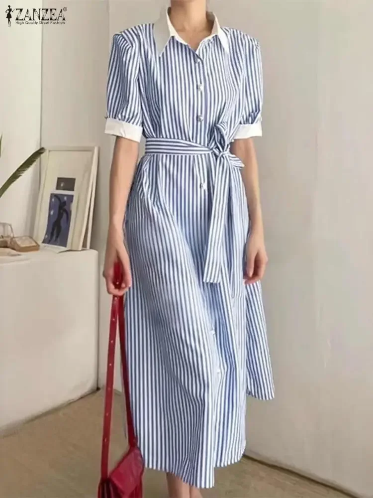 فساتين قميص طويلة أنيقة من ZANZEA للنساء بأكمام قصيرة مخططة موضة ماكسي فيستدوس بحزام لصيف 2025 رداء نسائي للحفلات #3