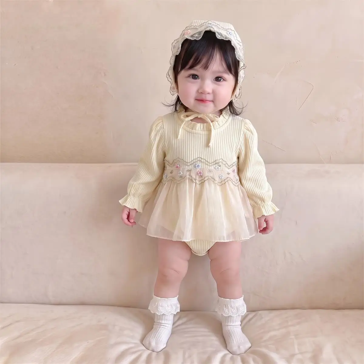New Autumn Collection Long-Sleeve Romper Dress Set for Baby Girls Sweet Princess Style with Mesh Tulle, Perfect for 1st Birthday