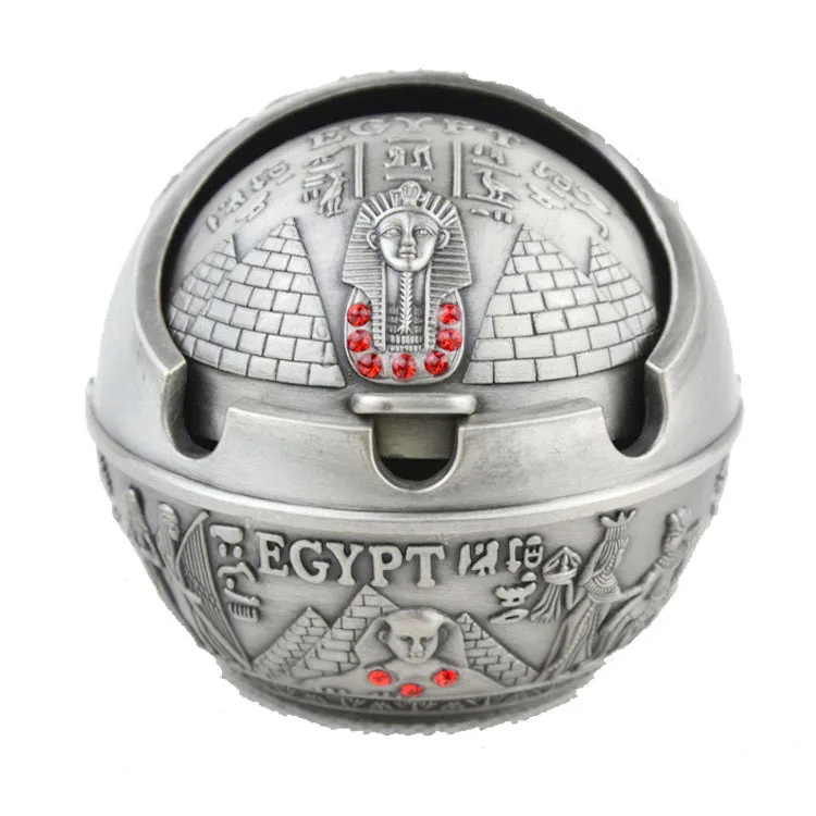 

Egyptian style, pharaonic pattern, pyramid pattern, spherical ashtray, ashtray, tin, brass, red copper