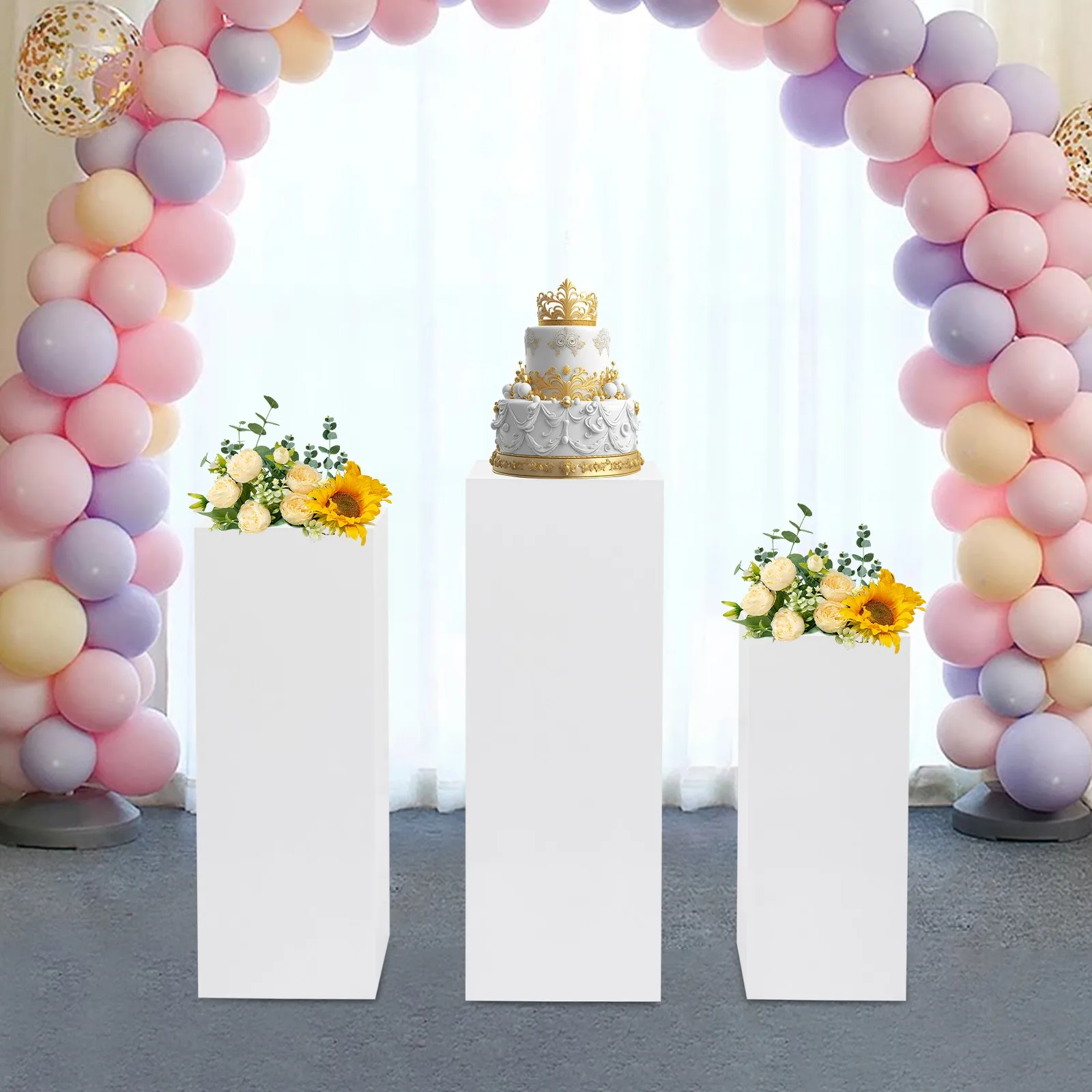 3 PCS Display Pedestal Stands White Square Tall Pedestal Stands Pedestal Wedding for Patios, Corridors, Entrances, Living Rooms, Weddings