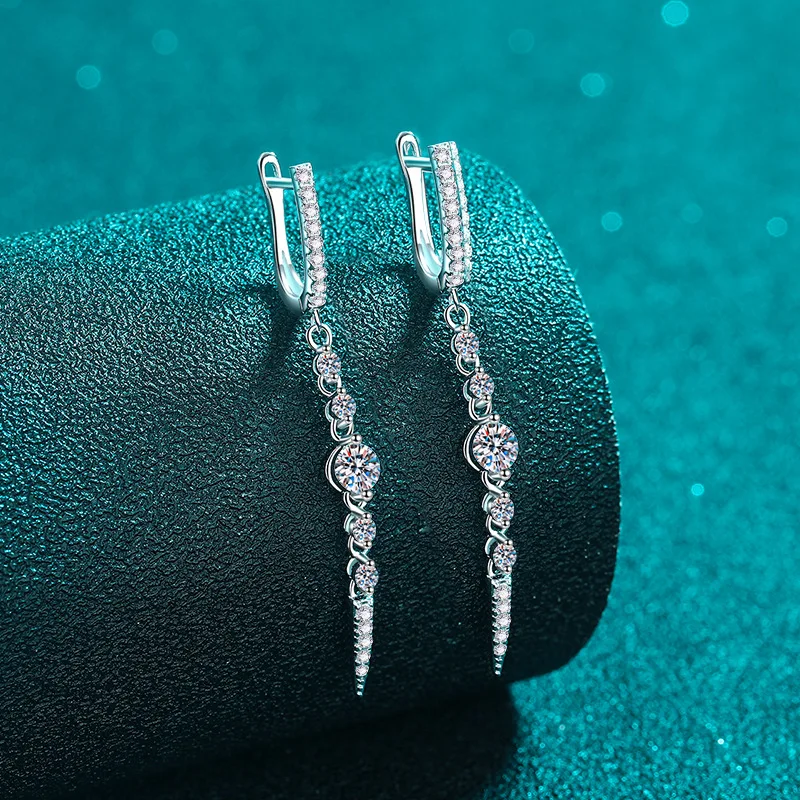 Platinum PT950 Long Fringe Teardrop-Shaped Diamond-Studded Earrings with Unique Style and Moissanite