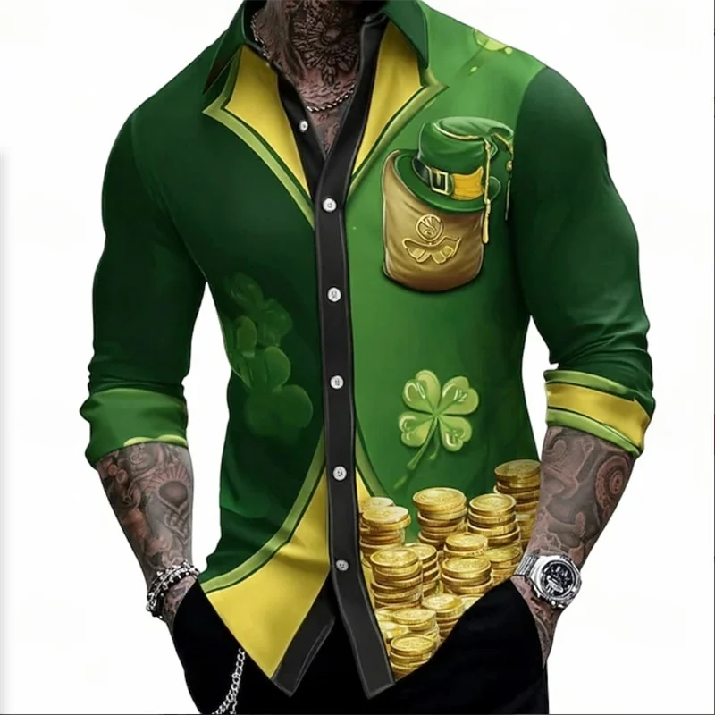 

Four leaf clover men's long sleeved shirt, fashionable trend, loose top, street outdoor, casual and comfortable