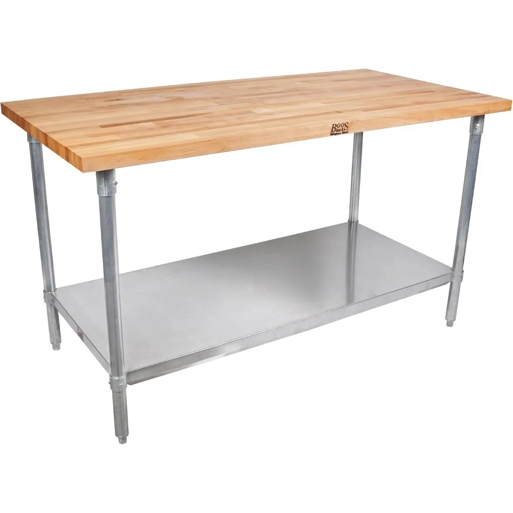 Maple Wood Counter Top Cutting Board Work Table Island with Adjustable Lower Shelf, 60 x 30 x 1.5 Inch, Galvanized Steel