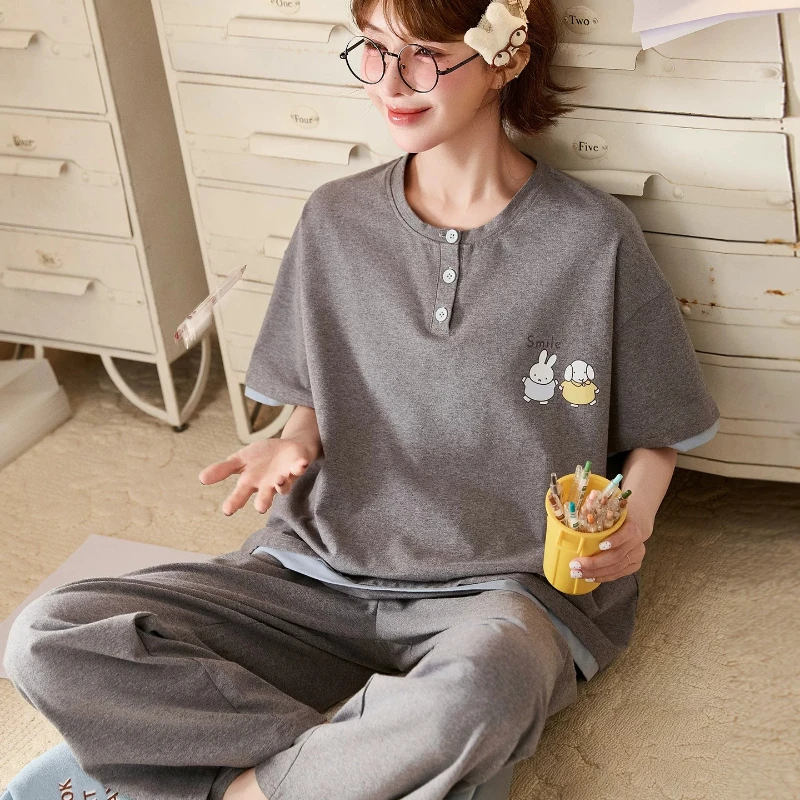 Miffy Kawaii Anime Cartoon Pajamas Cool Type Pure Cotton Lady Summer Splicing Short Sleeves Trousers Leisure Lounge Clothes