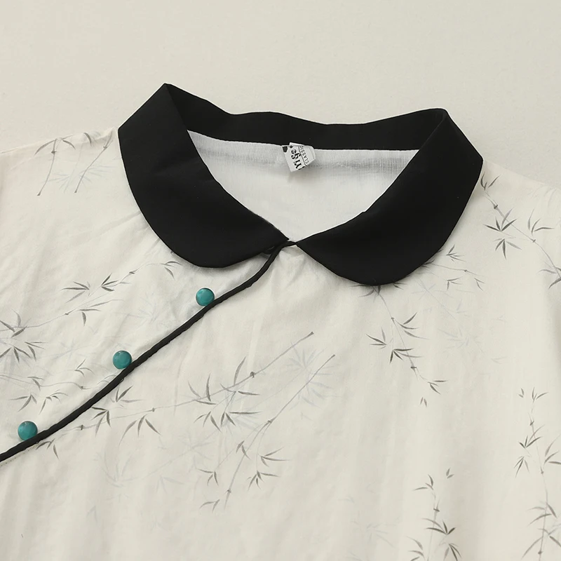 جديد الصينية Sle فضفاضة تناسب الرجعية طباعة تشيباو الدكتور المرأة الركبة طول نسخة معدلة مزيج القطن الصيف الدكتور