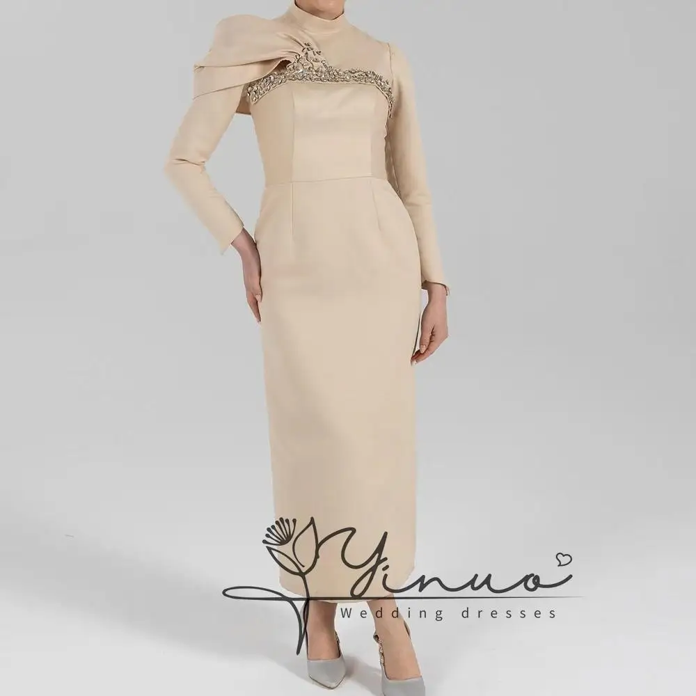 

customized Evening Dresses Tea-length High-neck Full Sleeve Prom Gown Simple Fashion Crystal Stole Casual Party Gown