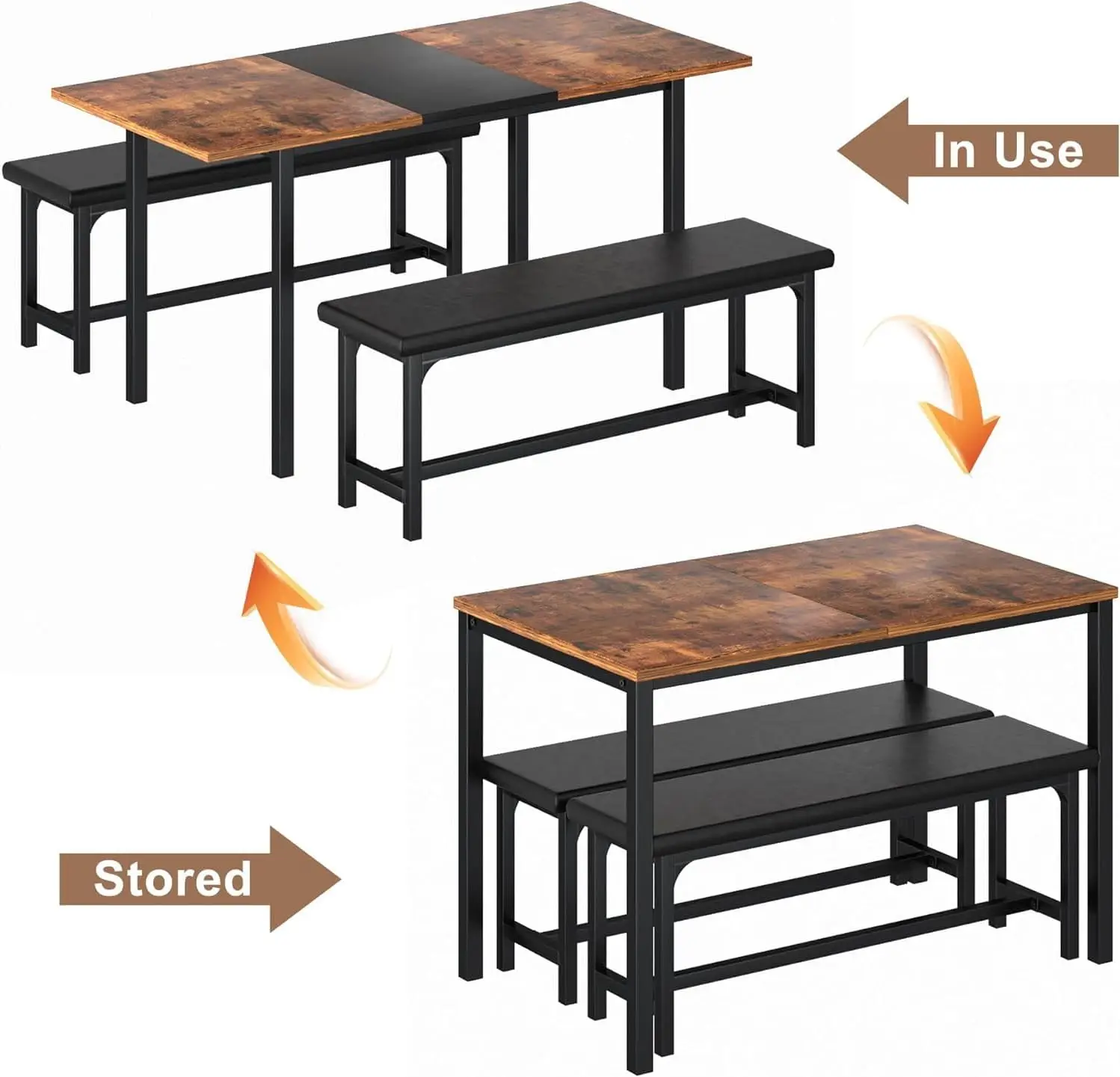 Vecelo-Mesa de cozinha extensível com bancos e cadeiras, Conjunto de sala de jantar, Pequeno, Moderno, Pequeno-almoço, 4 6 2, 63 in, 3 PCs