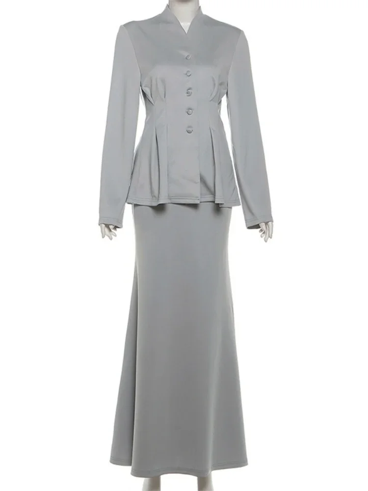 2025 Commute 2 Piece-Set Clothes For Women Autumn Solid Long Sleeve Tapered Waist Top And High Waist Long Mermaid Skirt