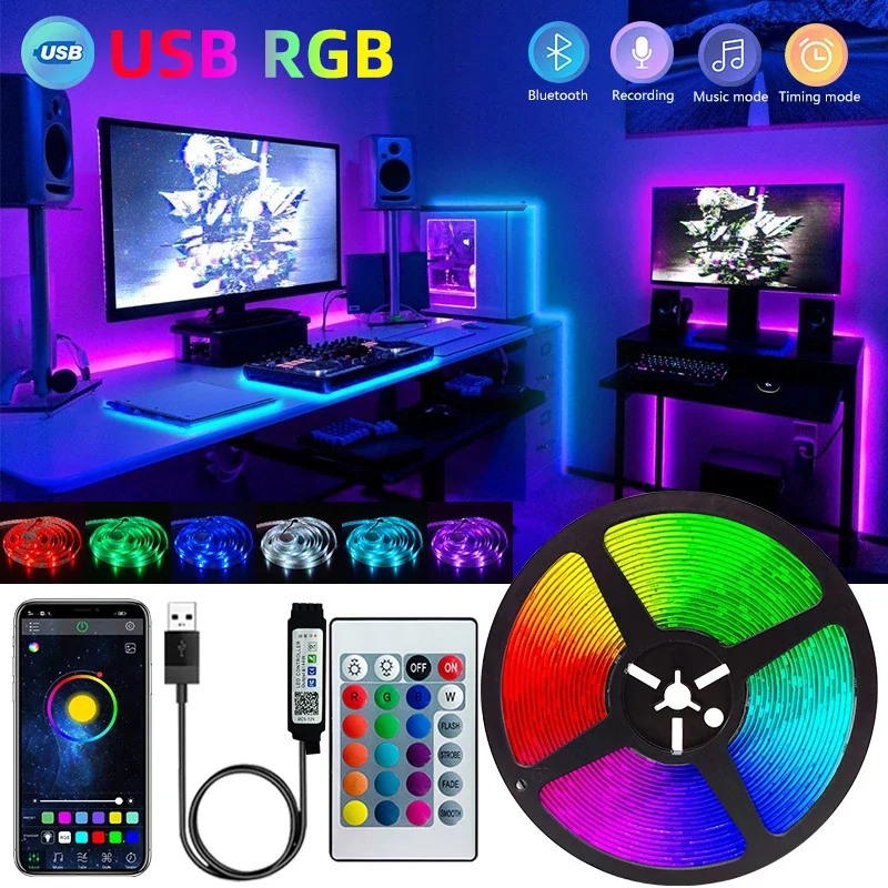 USB LED Strip Light com Bluetooth, luzes RGB flexíveis, luz de fundo, fita de diodo, lâmpada, fita, TV, desktop, tela, 5V, 1m-30m