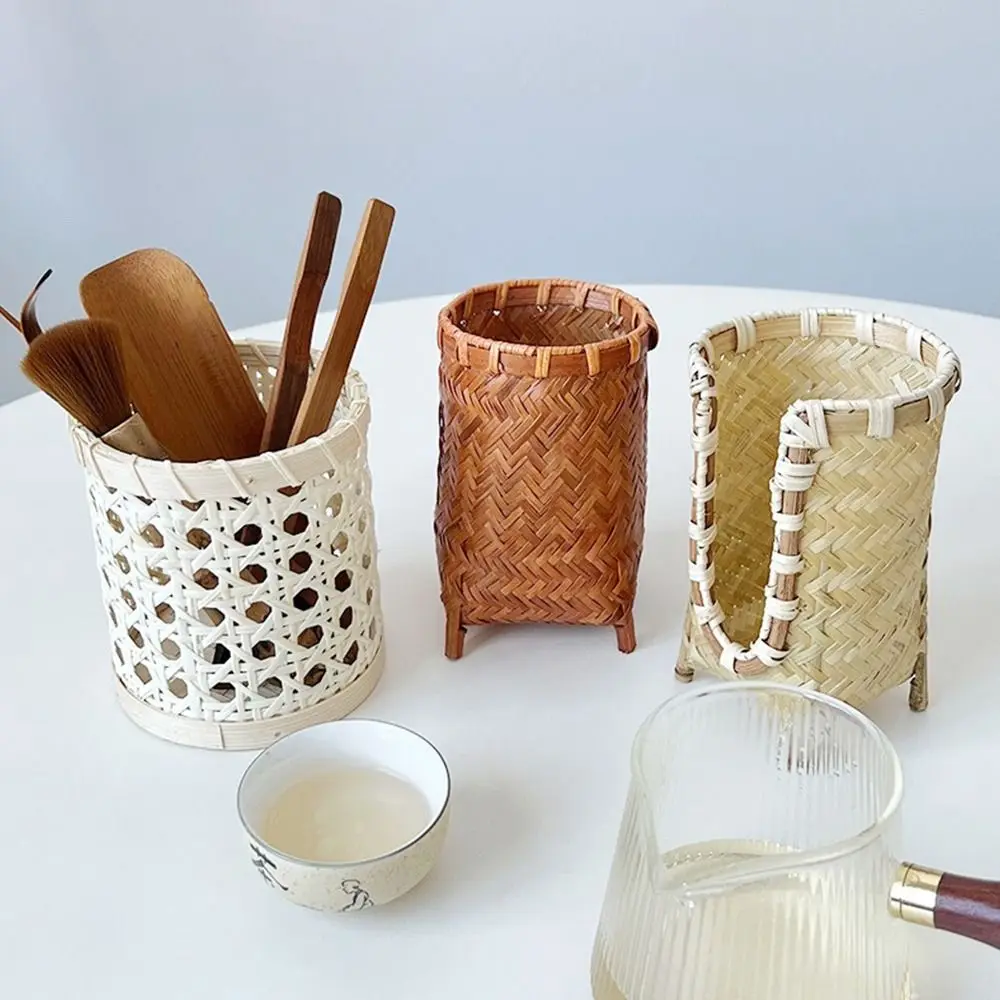 Convenient Bamboo Woven Cup Holder Rack Retro Handmade Storage Basket Multipurpose Paper Cup Dispenser Tea Ceremony