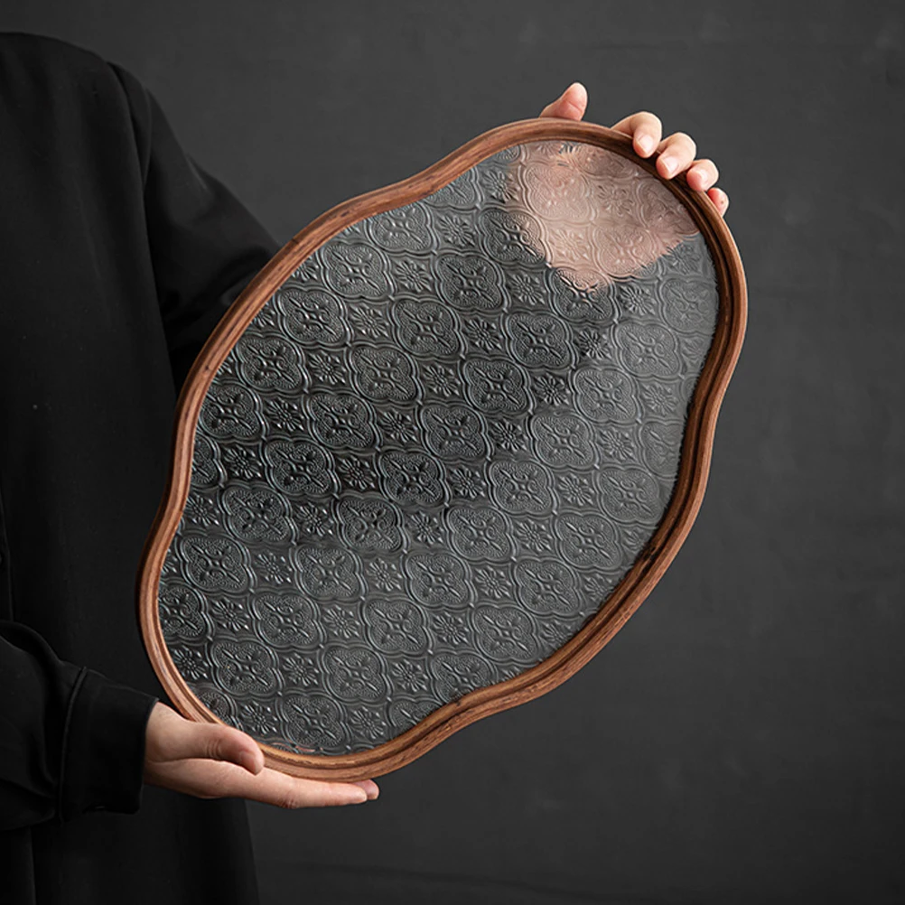 

Bamboo With Glass Surface Large Fruit Serving Tray Portable Snack Food Tea Coffee Dessert Plate Table Tray For Home Decor