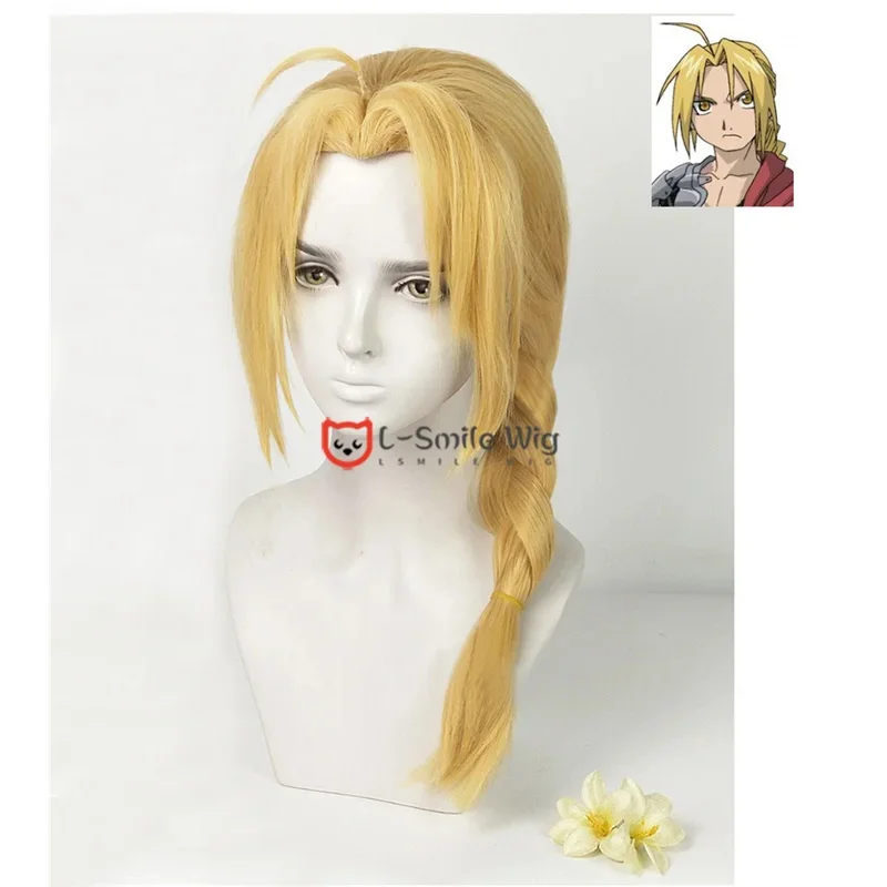 2025 Edward Elric Wig Rambut Cosplay Anime Tahan Panas Panjang 50cm Pirang Kepang + Topi Wig