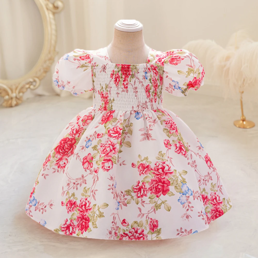 

Puff Sleeve Flower Baby Girls Party Dress Baptism Gown Elegant 1 Yrs Birthday Princess Dresses for Girl Wedding Evening Clothing