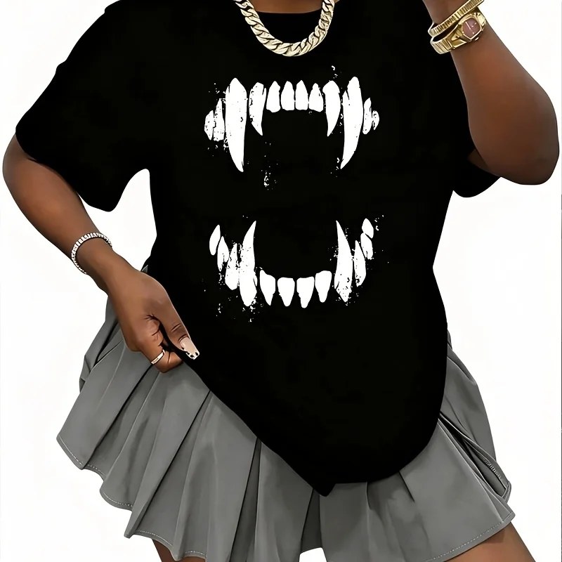 Heavyweight Vampire Werewolf Fangs Women's T-Shirt 100% Cotton Fun Print Short Sleeve Top Casual Round Neck Tee S-5Xl