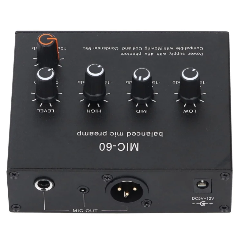 Microphone Preamp 3.5mm 6.5mm XLR Interface 60db Gain 48V Phantom Power Dynamic Condenser Mic Amplifier DC5-12V