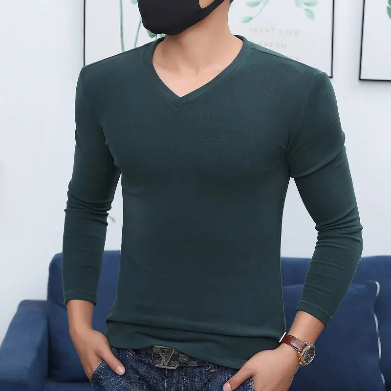 Fashion V-Neck Korean Long Sleeve Solid Color T-Shirt Men's Clothing 2024 Spring New Slim All-match Tops Casual Tee Shirt