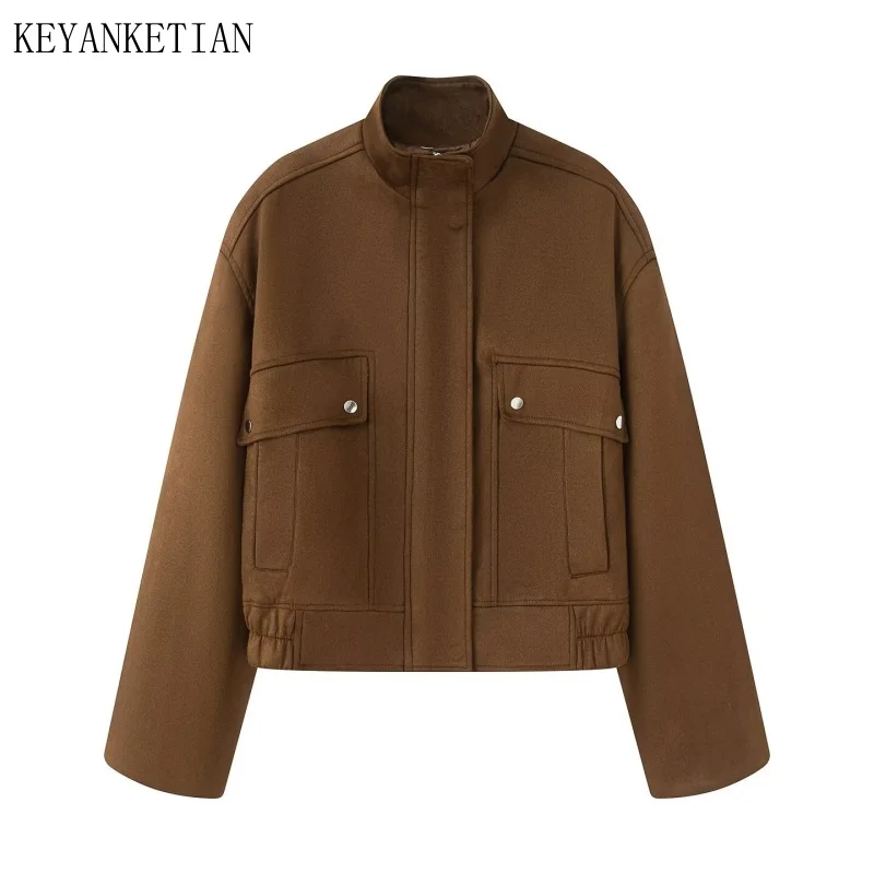 KEYANKETIAN 2025 가을겨울 신상 여성 의류 아메리칸 레트로 스웨이드 스탠드업 칼라 방풍 모터사이클 재킷 여성 코트