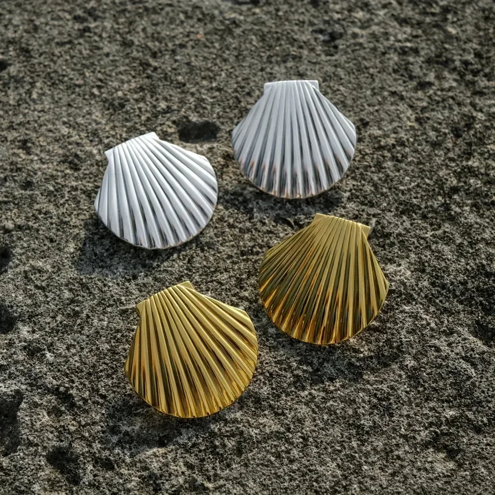 Retro PVD Thick Conch Shells Stud Earrings Ribbed Starfish Snail Shell Scallop Earring Anti Allergic Stainless Steel Bijoux 2024