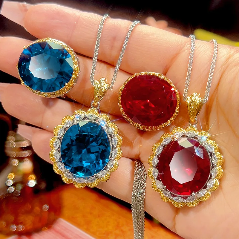 

Vintage Oval Red Blue Gemstone Necklace Adjustable Ring Sparkling CZ Halo Party Jewelry for Women Hot Sale 2025 Fashion Gift