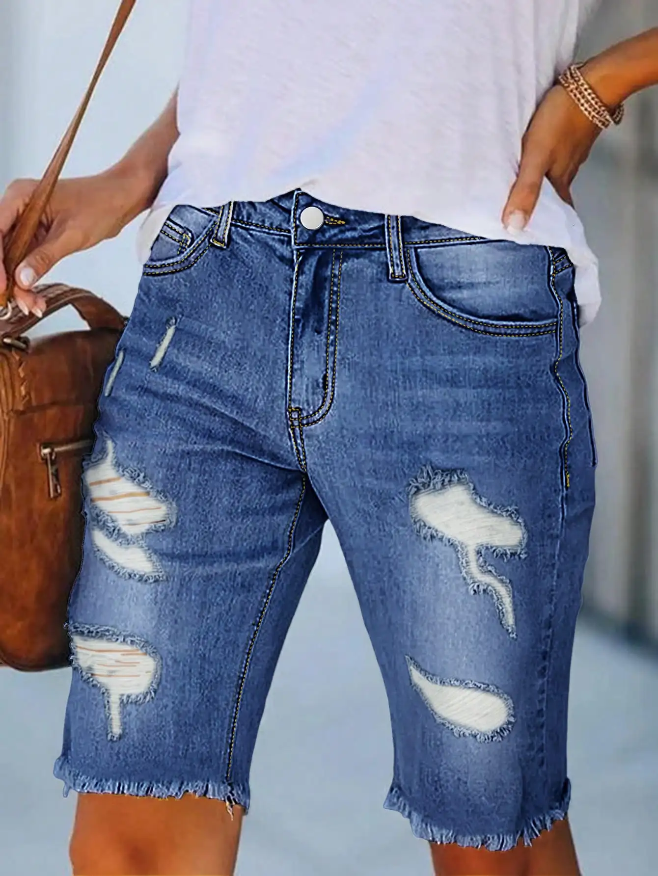 

WGXWGX Women's High Waisted Ripped Denim Bermuda Shorts 2025 Trendy Distressed Frayed Hem, Cotton Denim Button Front Knee Le