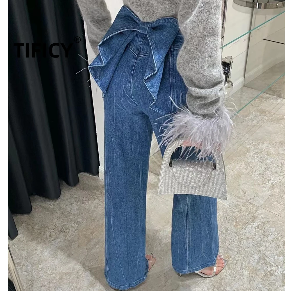 

High Street Blue Denim Pants Women's /Girl Heart Back Bow Wide Leg Jeans Spring New Casual Streetwear Fashion Pants