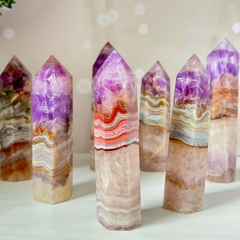 Amethyst Lace Agate Crystal Tower, Healing Quartz Column Gifts Crafts, Handmade Semi Precious Stones