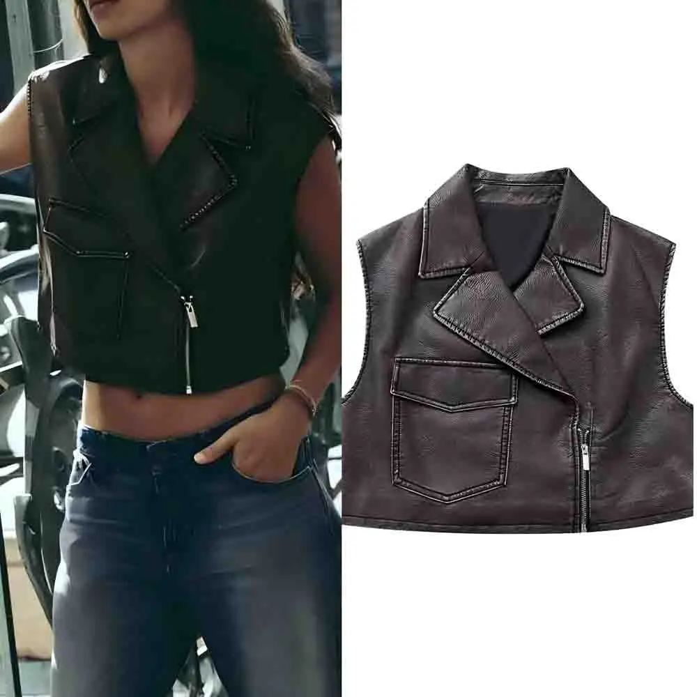 

Женский новый модный короткий жилет из искусственной кожи с откидным карманом в стиле ретро, женский жилет без рукавов на молнии, шикарный топ