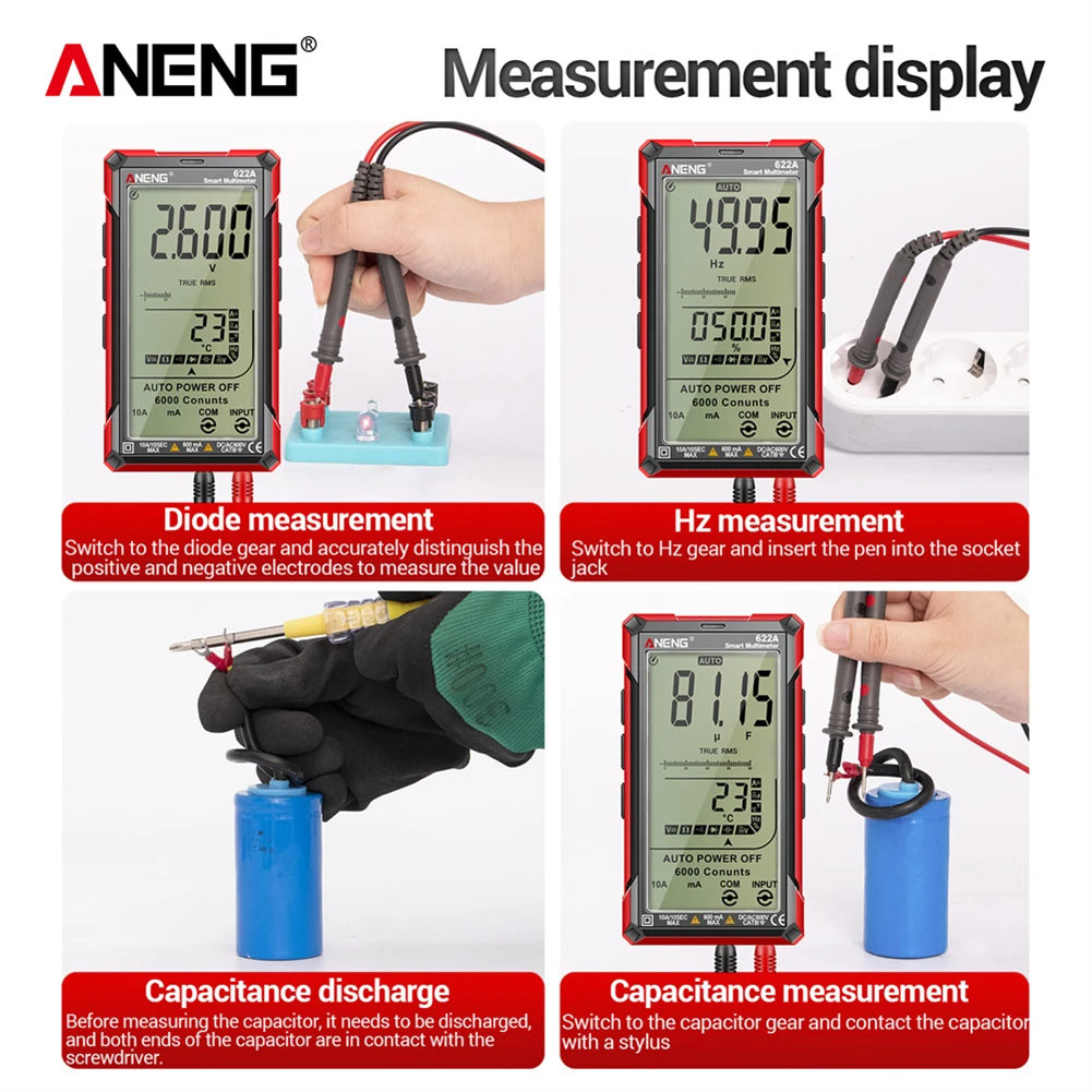 ANENG 622A automatyczny zakres AC/napięcie prądu stałego Tester pojemności miernik oporu elektrycznego 6000 liczy się z lampa laserowa wyświetlaczem