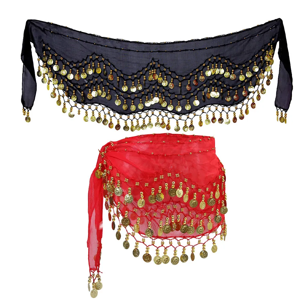 2Pcs Belly Dance Hip Scarves Waist Chains 128 Coins Black Dancing Belt Ornament Dance Class Accessory