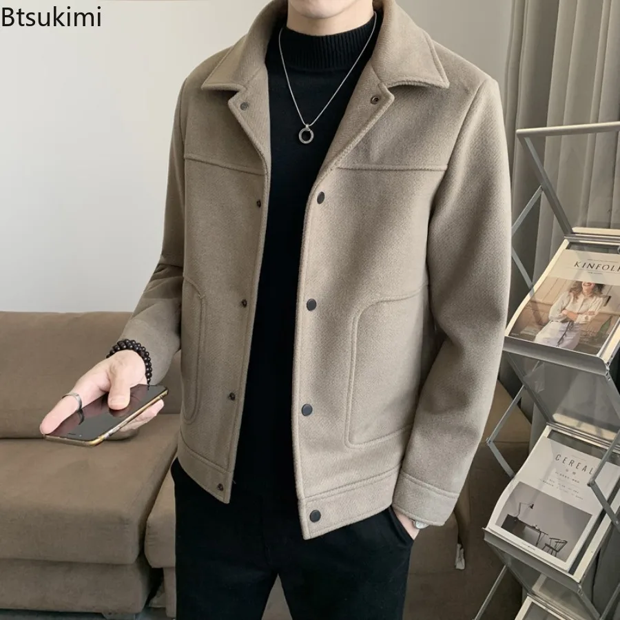 

Autumn Winter Men's Warm Jackets Turn-down Collar Single-breasted Woolen Coats Slim Fit Male Long Sleeve Solid Color Outerwear