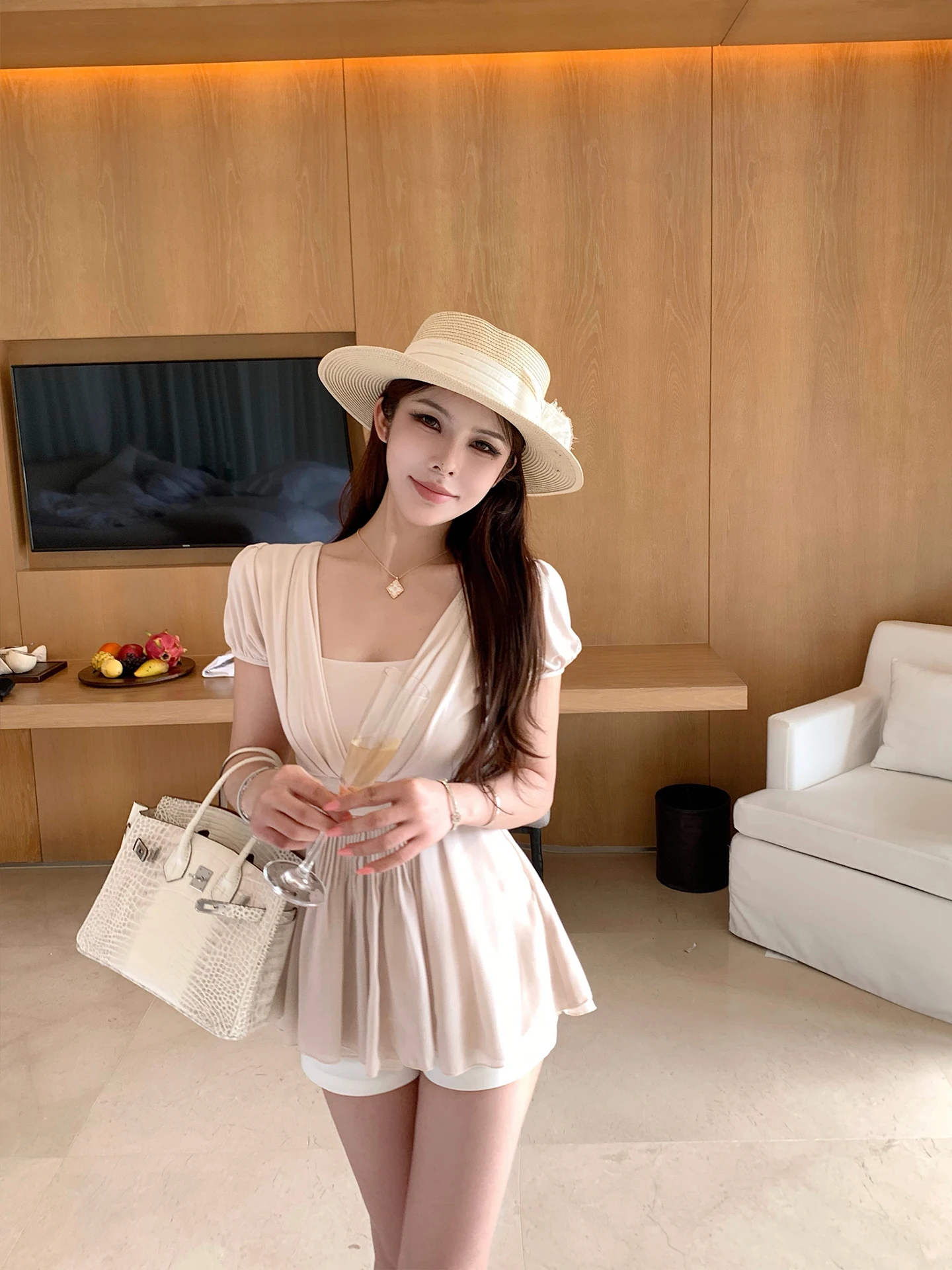 

Elegant Waist-Cinching Fake Two-Piece T-Shirt Top Women's Short Sleeve Chiffon Shirt Spring Summer New Arrival Casual Style