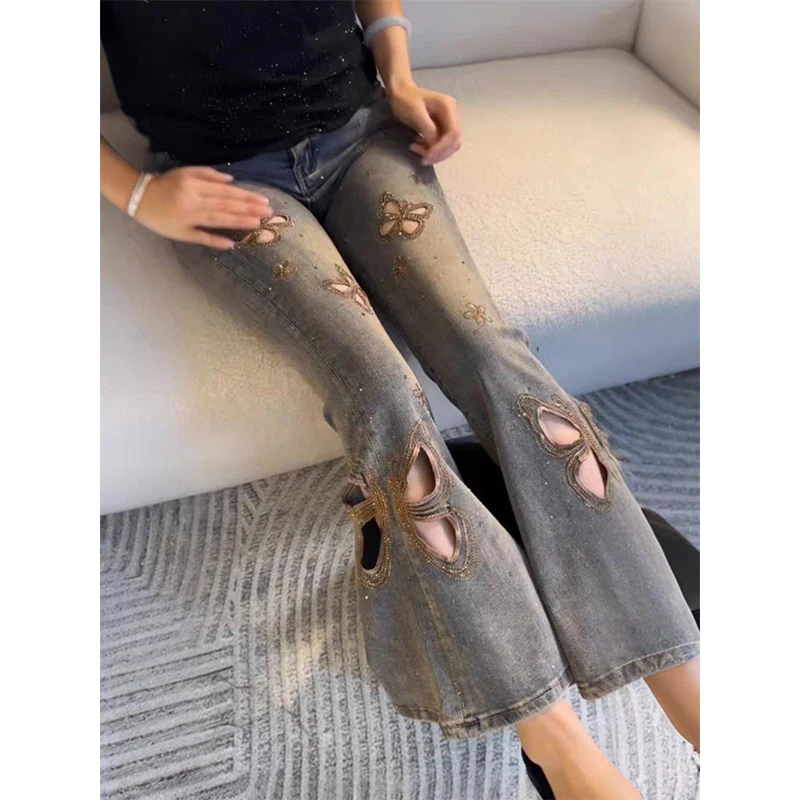 

MEXZT Vintage Diamond Flare Jeans Women Y2K Streetwear Butterfly Hollow Out Denim Pants Gyaru Harajuku Korean Slim Fit Trousers