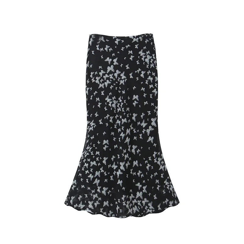 Halflange rok van chiffon met hoge taille en vlinderprint, oversized retro rok met hoge taille en billenprint, dameskleding