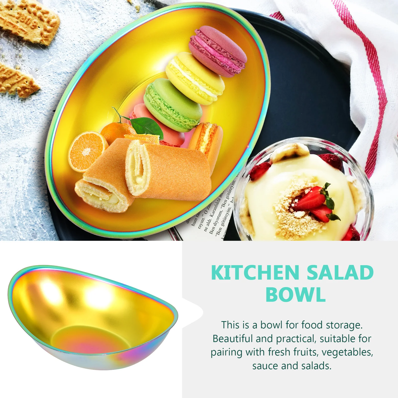 

Colorful Ingot Bowl Stainless Steel Anti-Slip Base Big Opening Design For Fruit Salad Dessert Snack Soup Rice Noodles