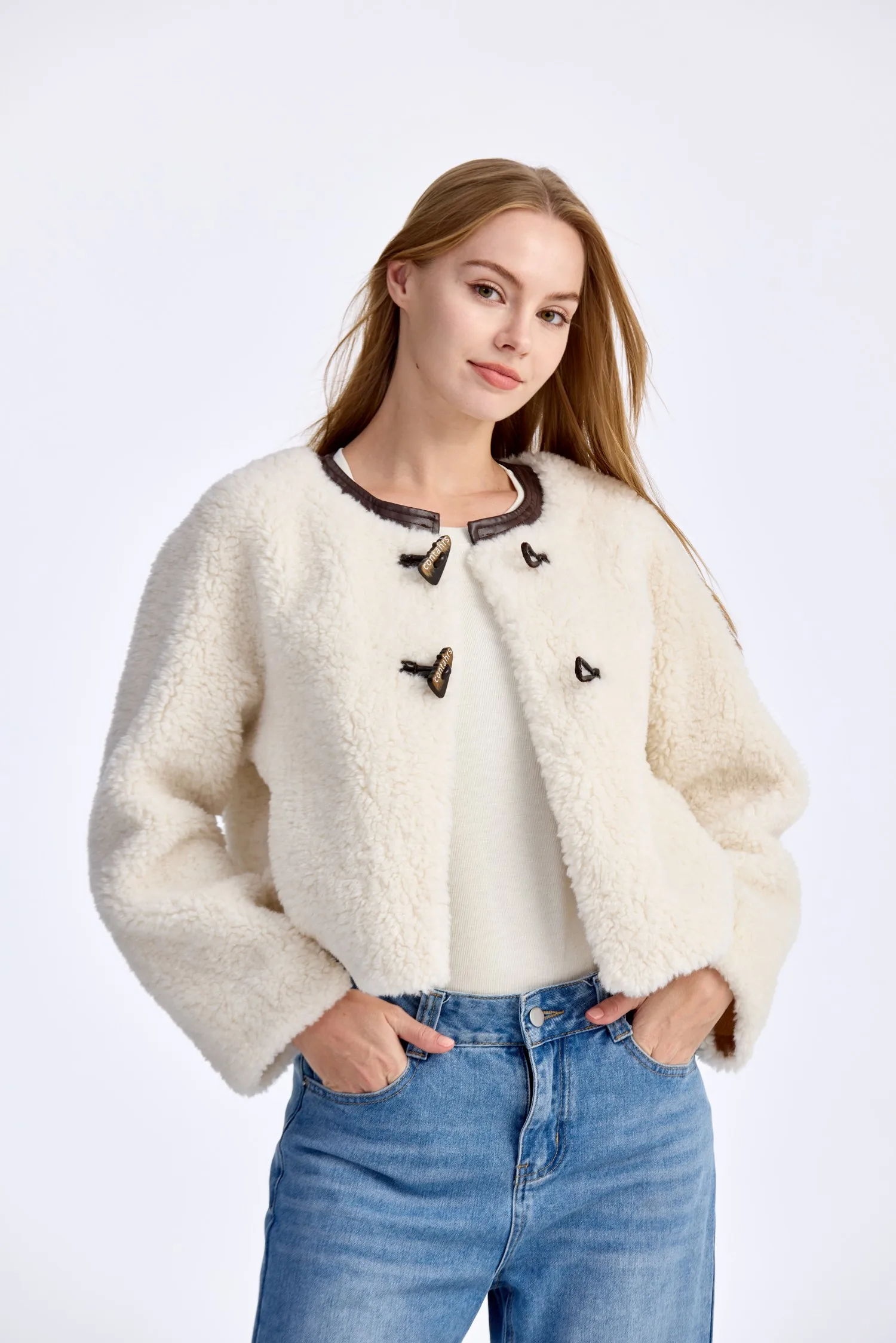 

Women's Off-White Faux Shearling Jacket with Cowhide Buttons, Round Neck, Lantern Sleeves, Short Vegan Fur Coat, Winter Casual Office Date