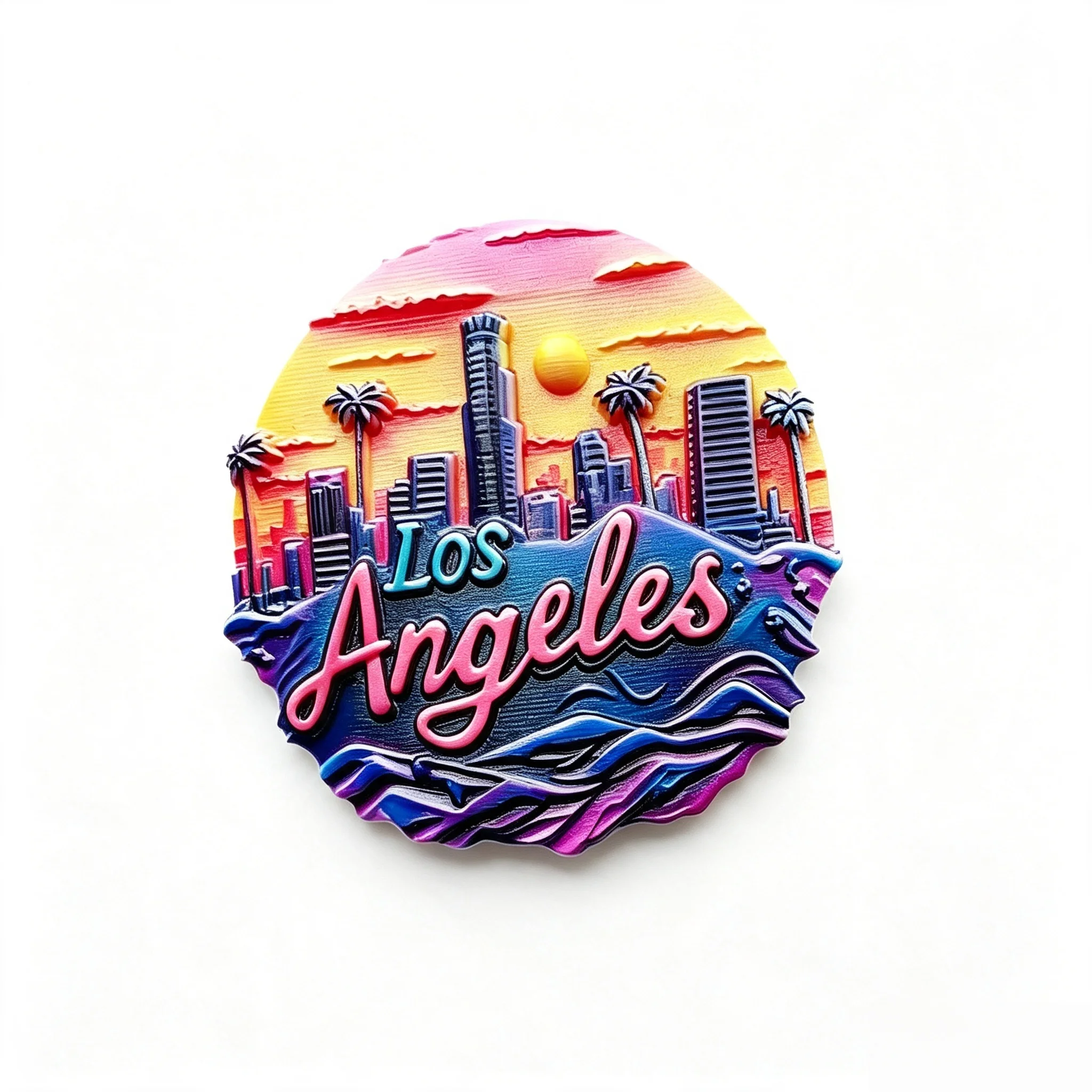 3D Embossed Los Angeles Sunset Fridge Magnet Resin Souvenir Magnet California City Skyline Palm Tree Wave Design Travel Gift