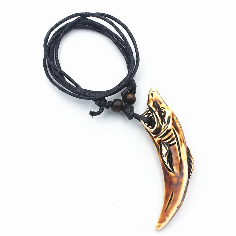 1pcs Real Wolf Teeth Yak Bone Wood beads Tooth Amulet Charm Pendant Necklace Wax Cord