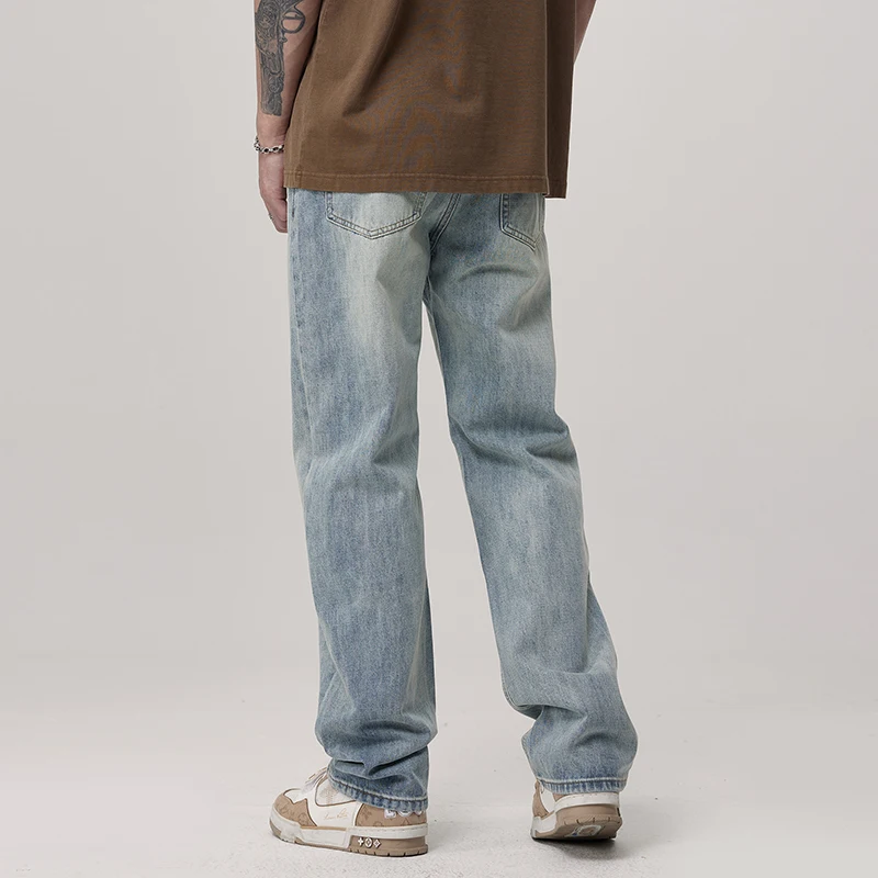 Retro washed denim jeans for men in spring and summer loose straight leg pants American high street casual elastic long pants