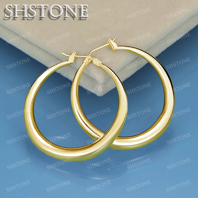 

SHSTONE 18K Gold 35mm Round Earrings For Women Party Wedding Banquet Fashion Charm Jewelry 925 Sterling Silver Hoop Earring