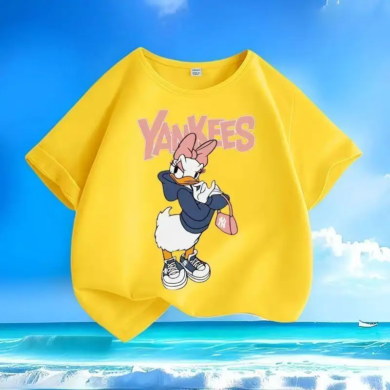 ديزني ديزي مطبوعة قصيرة الأكمام تي شيرت الأطفال الكرتون س الرقبة لينة تنفس أعلى الصيف طفل الفتيات الملابس الصلبة طفل صبي #6