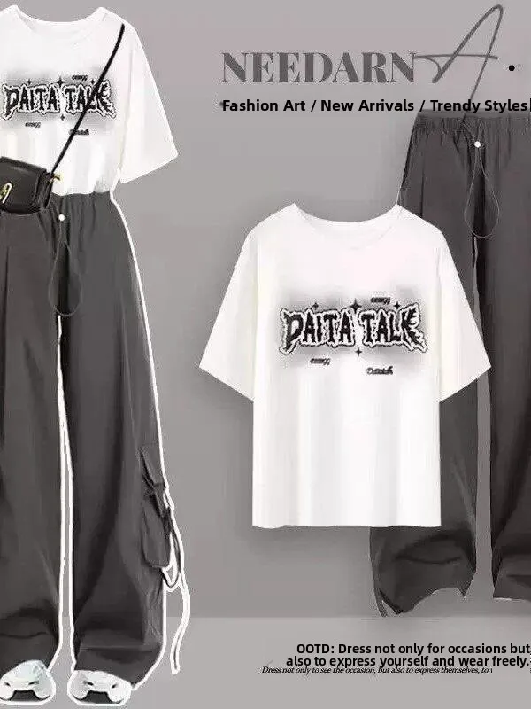 

plus Size 300 Pounds Casual Sporty T-Shirt Set for plus Size Women Summer Workwear Pants Middle School Students Two Piece Set