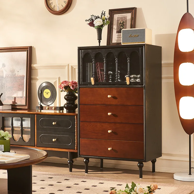

French retro solid wood chest, antique storage cabinet in living room, small apartment, household side cabinet, designer color